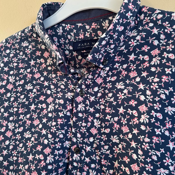 Zara Men's Dark Blue Floral Button Down Shirt - Picture 1 of 7
